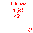 Red text 'i love rrjc!' and '<3' with animated heart and arrow symbols appearing in different positions across frames.