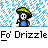 A 4-frame animated contact sheet showing a pixel art character with a yellow-green striped hat and blue shirt against a gray background, with visible text "Fo' Drizzle" below each frame.
