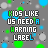Static pixel art displays repeated text 'KIDS LIKE US NEED A WARNING LABEL' over a gray background with scattered blue and green dots.
