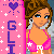 Pixel art contact sheet of a beach-themed animated icon featuring a female character in swimwear across four frames with text elements and ocean background.