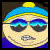 Pixelated cartoon character with blue and yellow beanie, reflective sunglasses, and purple shirt next to partial text on black background.