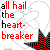 A 4x4 contact sheet of animated frames showing a white stick figure with wings and red text "all hail the heart-breaker" over a black-and-red checkered background, with variations in text color across frames.