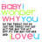 Pixelated text in pink, green, blue, and gray colors arranged vertically on a white background.