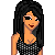 Pixel art of a woman with long black hair, dark eye makeup, and red lips wearing a polka-dot top and patterned pants.