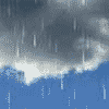Animated sequence of dark storm clouds with white highlights against a blue sky, showing falling raindrops in motion.
