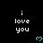 Pixelated text 'i love you' repeated with cyan hearts on black background, gray rectangle at bottom right.