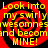 Four identical display red and black spiral patterns with yellow text reading "Look into my swirly awesomeness and becomand MINE!" on a black background