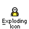 A pixelated animation of a yellow-shirted figure exploding into orange and red fragments