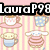 Pixelated image with pink and yellow striped background, repeating cup-and-saucer motifs, and text overlays.