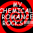 Four identical red and black spiral patterns with white text reading "MY CHEMICAL ROMANCE ROCKS!!!!!" arranged in a on a solid black background