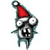 Pixelated character with large white eyes, black pupils, and a wide black mouth wearing a red pointed hat with a white trim and a dark blue body.