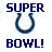 Pixelated blue text "SUPER" above a horseshoe symbol and "BOWL!" below on a white background.
