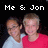 Two people pose closely together against a black background with white pixelated text reading "Me & Jon" above them.
