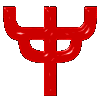 Red trident-shaped icon with glossy surface animates through multiple size and detail variations against gray background.