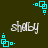 Pixelated cyan square patterns and white text 'shelby' on a dark green background, with cyan square elements shifting positions across frames.