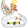 Pixelated angel icon with golden halo, white gown, and large wings standing on cloud base with 'ANGEL' text below.