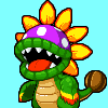 Pixel art character with green body, purple mushroom cap, orange-yellow spikes, open mouth showing teeth and tongue, brown tail tip.
