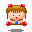 Pixel art contact sheet of a 9-frame animated AIM buddy icon featuring a cartoon character with brown hair, pink bows, and red gloves holding various blue signs or objects against a gray background.
