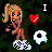 Pixel art buddy icon featuring a blonde stick-figure character with blue eyes, red heart symbol, and soccer ball on dark green background.