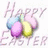 Pixelated Easter-themed icon with pastel eggs and 'Happy Easter' text above a green pixel-art bunny on blue background.