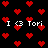 Pixelated red hearts fill a black background with repeated 'I <3 Tori' text in white and red pixelated font.