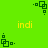 Green background with yellow 'indi' text and dark green square-based icons in various orientations.