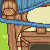 Pixel art of a wooden structure with blue accents and green background, showing partial architectural details like beams and supports.
