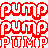 Red pixelated text and symbols on white background with gray corner, showing "PUMP" repeated three times vertically left of two circular icons containing lowercase letters.