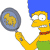 Yellow cartoon character with blue hair holds a frying pan with a yellow symbol on its surface.