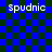 Blue and dark green checkered background with four instances of the text 'spudnic' in white pixelated font, two showing a overlay effect