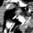 Black-and-white pixelated image of a figure with long dark hair holding a bright white object against a striped background.