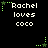 Pixelated text 'Rachel loves coco' with green star and dotted line decorations on black background, animated rotation of decorative elements.