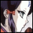 Pixelated anime-style character with dark hair and red bow, side profile against black background with text.