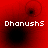 Red background with four black circular shapes and white text reading "DhanushS" in pixelated font across all quadrants.