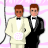 Two pixelated figures in formal attire stand side-by-side against a pink and white striped background, one holding a microphone.