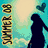 Silhouette of a person with heart above head on turquoise background, beach scene with waves and 'LOVE LOVE' text, golden hearts drawn in sand.
