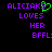 Pixelated text and green heart symbol on black background with purple text reading ALICIAK3 LOVES HER BFFL: