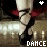 Pixelated animated icon shows a person's lower body in motion with red accents, white text reading DANCE at the bottom, and a heart symbol above.
