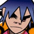 Pixelated static icon of a cartoon character with blue hair, black triangular eyebrows, and orange clothing against a gradient background.