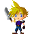 Pixel art character with spiky blonde hair, blue eyes, purple shirt, dark pants, brown shoes holding a large silver sword in various poses including attack and spellcasting animations.