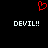 Red pixelated heart symbol above two identical white 'DEVIL!!' text blocks on black background.