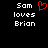 Static pixel art displays 'Sam loves Brian' text with a red heart symbol replacing the 'o' in 'loves' on the left side of the image.