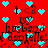 Red background with repeating cyan heart shapes and black text fragments reading "I love you" and "I am so glad to see you" in pixelated style.