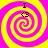 Four identical spiral patterns with alternating yellow and pink stripes, each containing a black 'I' above a pixelated 'B', set against a solid yellow background.