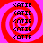 Four identical display red spiral patterns with repeated black text "KATIE" on a pink background, arranged in a