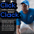 Pixelated image showing a person in blue clothing and cap next to text reading "Click Clack" on dark background.