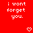 Red background with repeated white text "i wont forget you." and changing symbols above a gray rectangle.