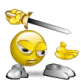 Yellow spherical character with gray feet and hands, holding a silver sword with golden hilt in various poses including raised, horizontal, and sheathed positions.