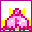 Pixelated of 25 containing pink and yellow flame icons, a cartoon character with brown hair in various poses, text fragments, and pink stars on white backgrounds