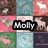 A grid of nine pixelated images with a central black text box reading "Molly" in white letters, surrounded by various colored backgrounds including brown, teal, pink, green, and dark blue.